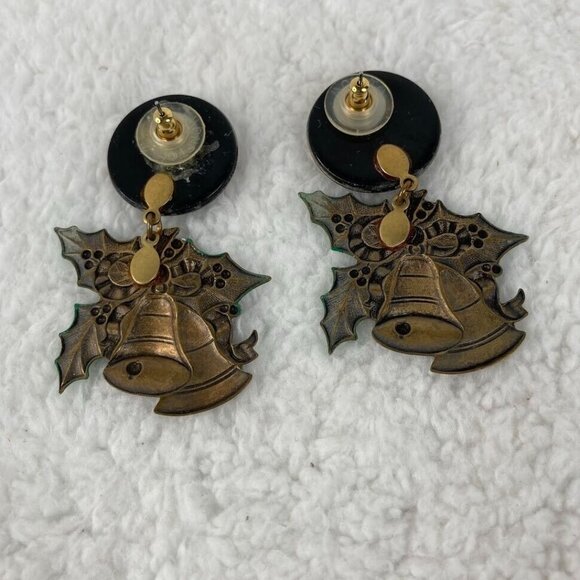 Vintage Christmas Bells Pierced Earrings 2.5"  Button Studs Dangle Rhinestones - Picture 8 of 10